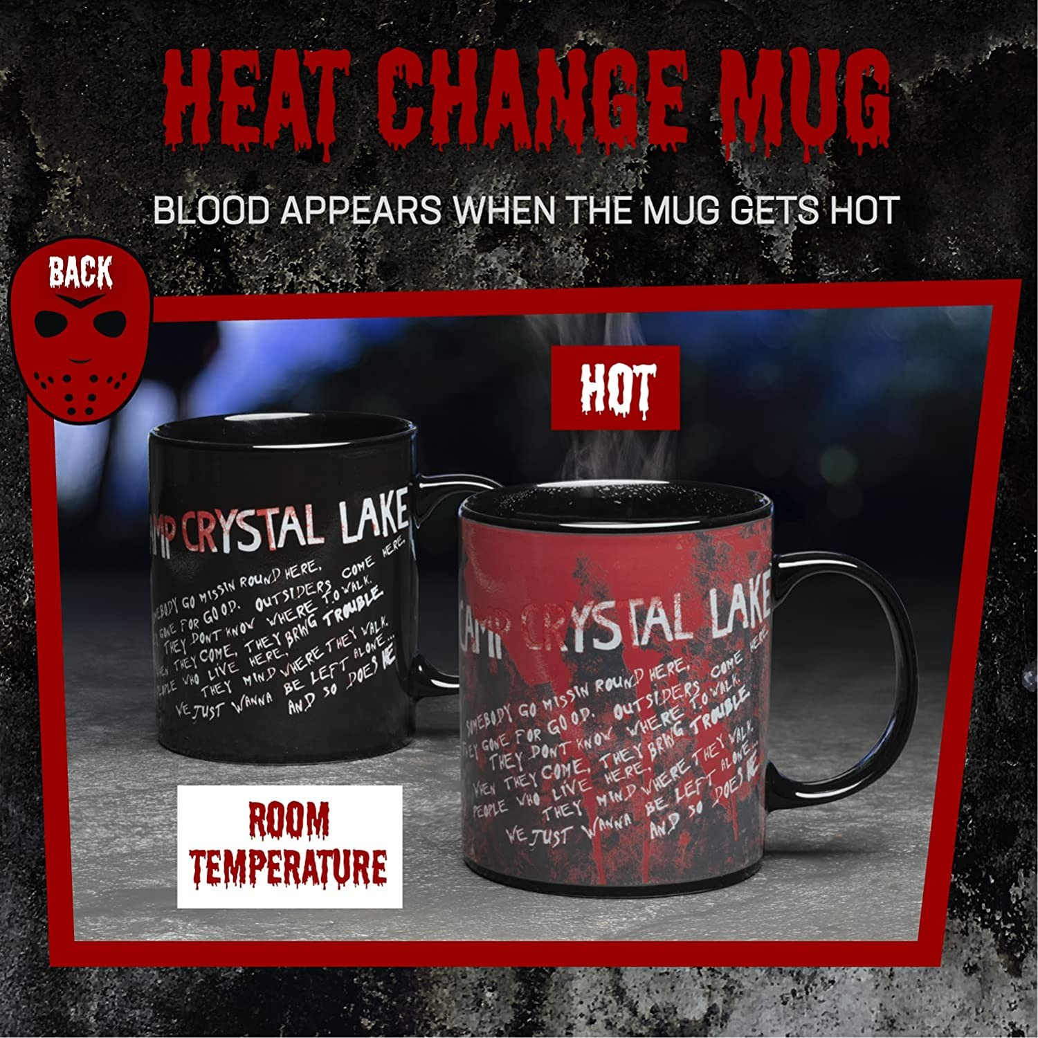 Una taza de Camp Crystal Lake que muestra manchas de sangre al calentarse.