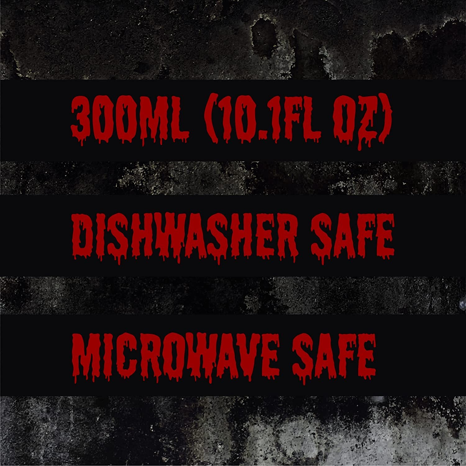 Fondo oscuro con tres textos rojos: 300ML, Dishwasher Safe y Microwave Safe.