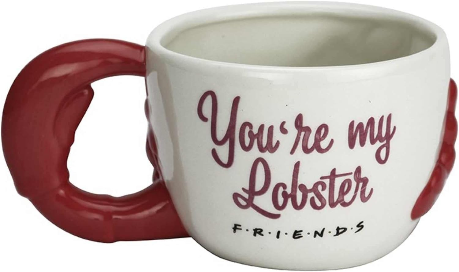 Una taza de cerámica blanca con asa de pinza de langosta roja, con el texto You are my lobster y el logo de Friends.