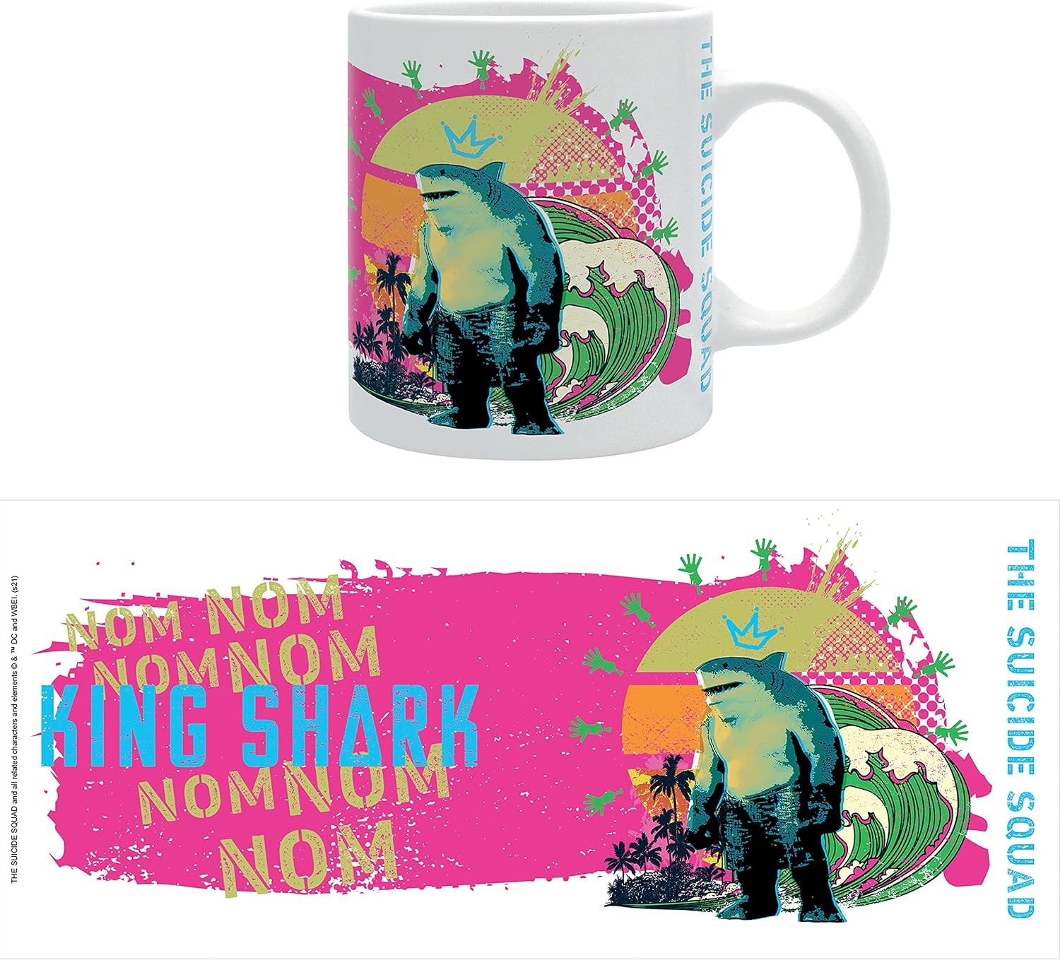 Taza blanca con gráfico de King Shark, palmeras y texto "The Suicide Squad" sobre fondo rosa y naranja.