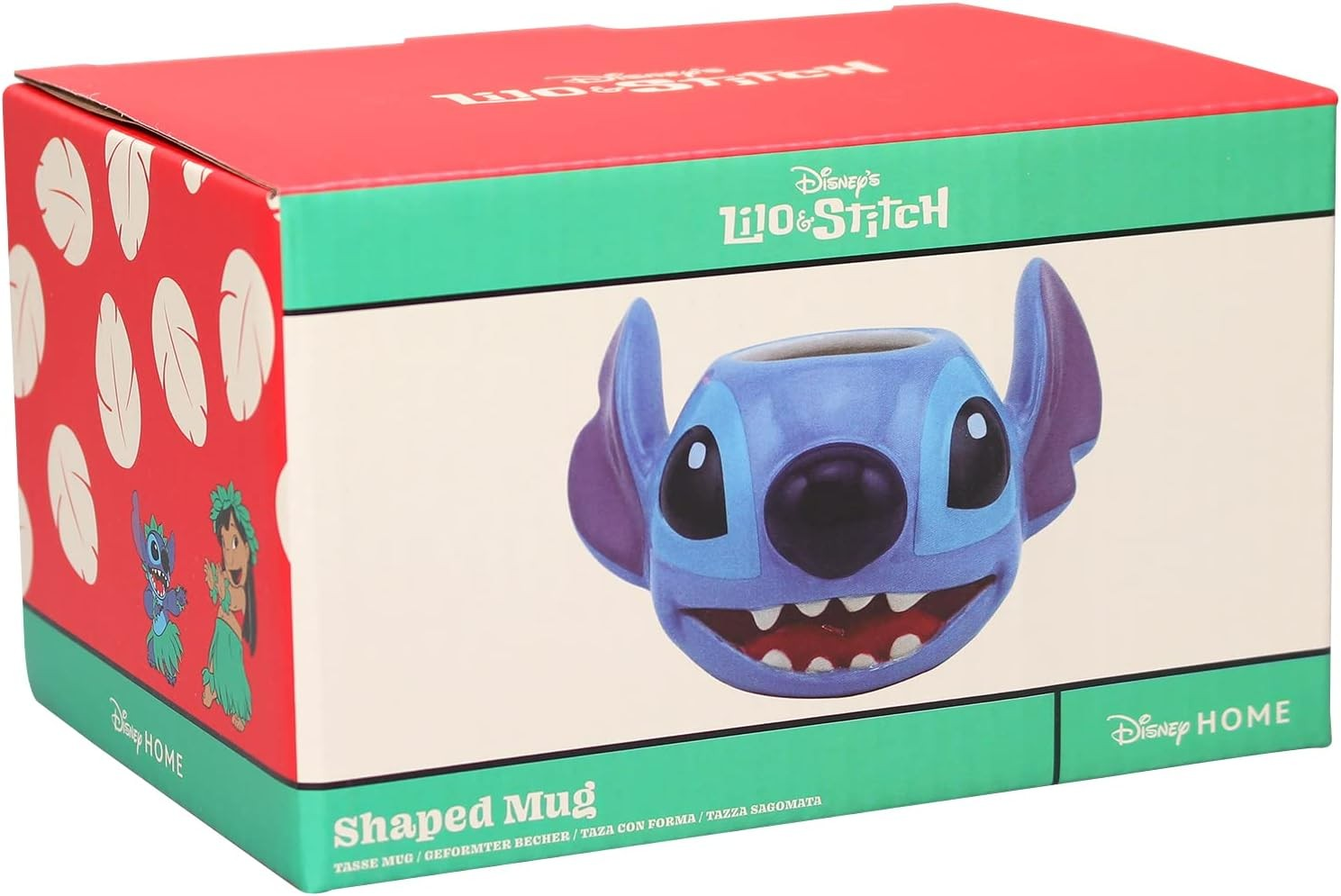Embalaje para taza con forma de Stitch con diseño de cabeza azul.