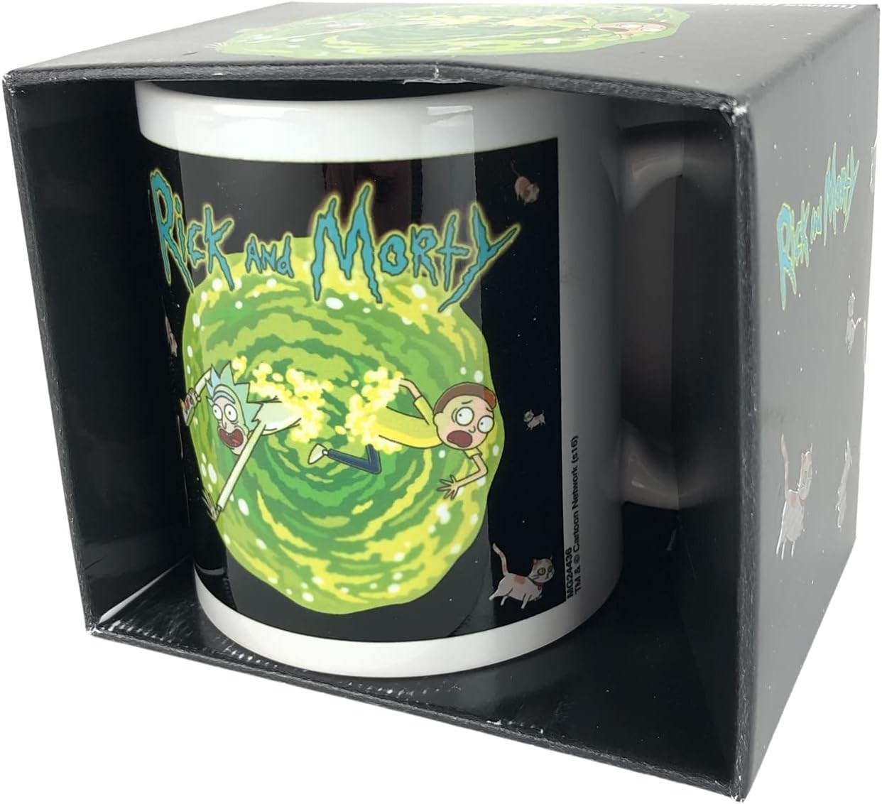 Taza de Rick and Morty con diseño de portal verde, empaquetada en caja de regalo.