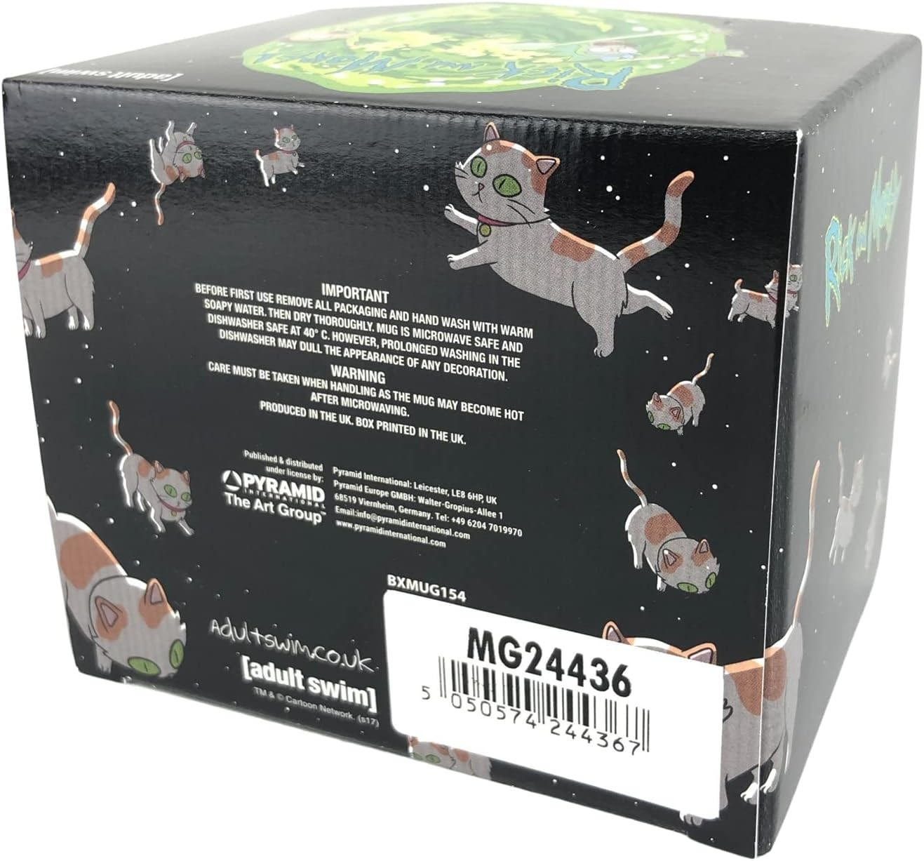 Caja de producto negra con gatos de dibujos animados flotando, texto de advertencia y código de barras.