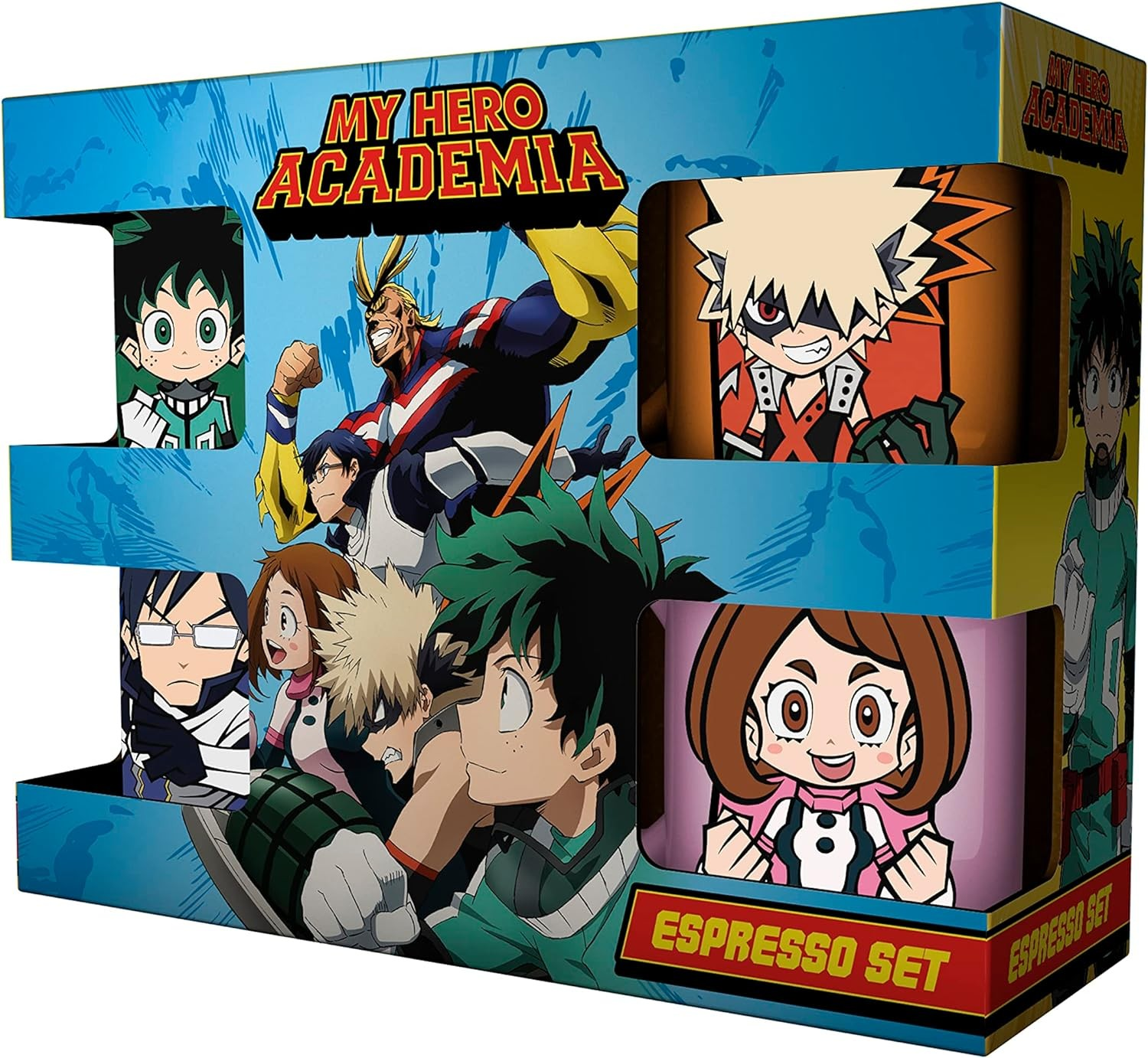 Caja de set de espresso My Hero Academia con ilustraciones de Deku, Bakugo y Uraraka sobre fondo azul.