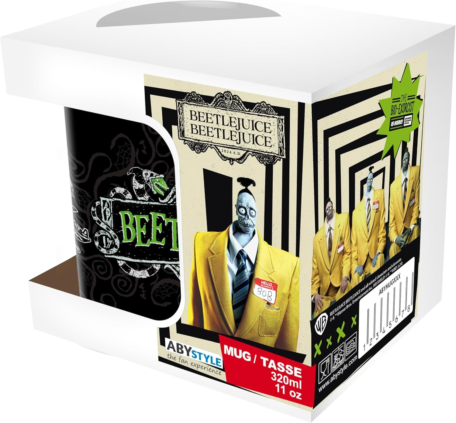 Taza temática de Beetlejuice en caja blanca con el personaje Bob con traje amarillo.