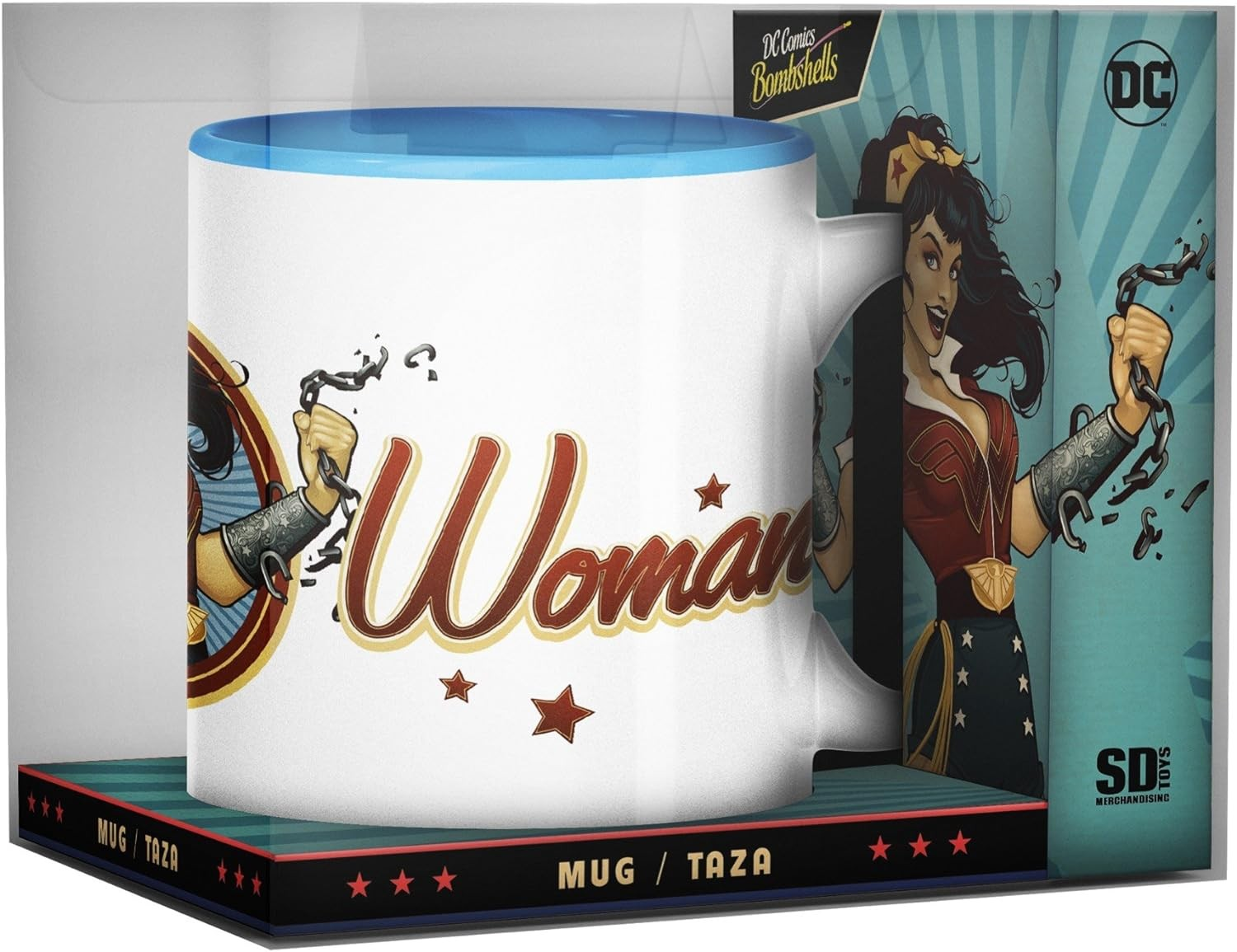 Taza de Wonder Woman de DC Comics Bombshells con borde azul y caja.