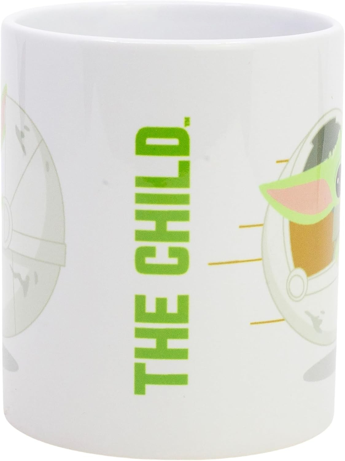 Taza blanca con texto verde "THE CHILD" y gráfico de Baby Yoda.