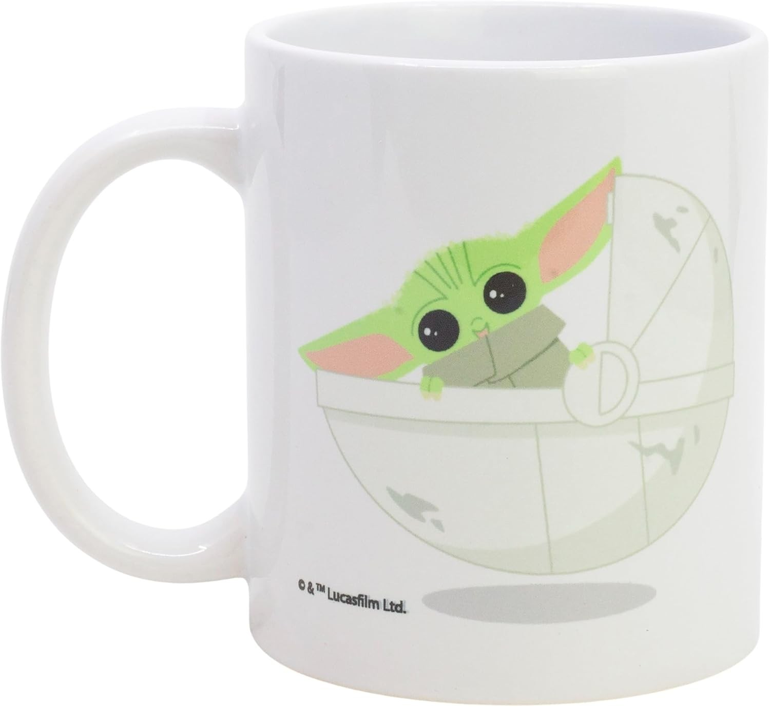 Una taza de cerámica blanca con Grogu de Star Wars en su cápsula flotante.