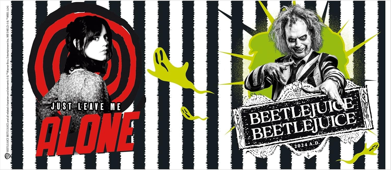 Beetlejuice y una mujer sobre fondo de rayas blancas y negras con remolino rojo y fantasmas verdes.