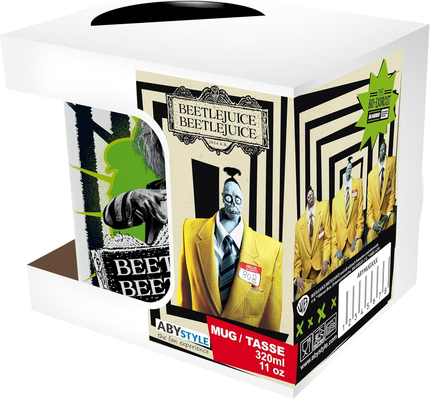 Taza de Beetlejuice en caja con gráficos de personajes.