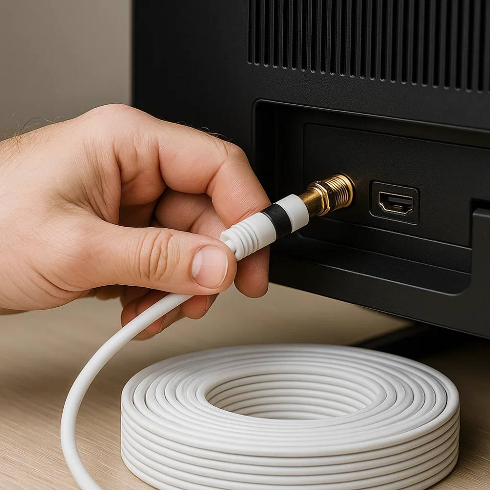 Una mano collega un cavo d'antenna bianco al retro di un dispositivo nero.