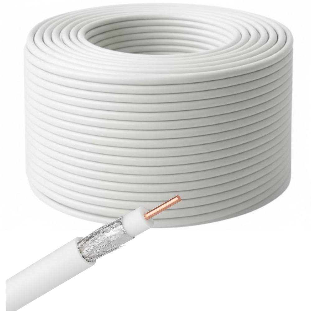 Un cavo coax bianco arrotolato con un'estremità spelata che mostra il nucleo di rame e la schermatura.