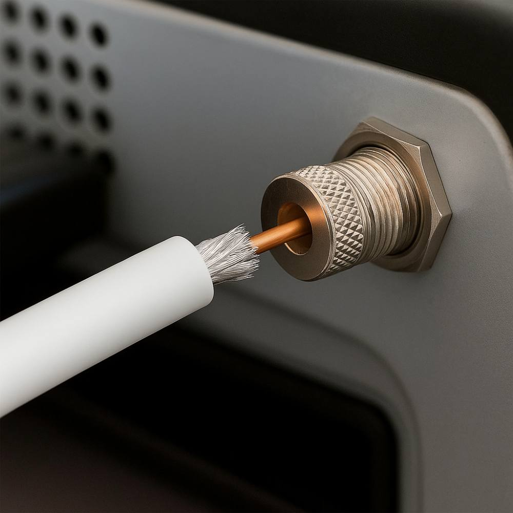 Un cavo bianco con fili di rame esposti è collegato a una presa di metallo dorato.