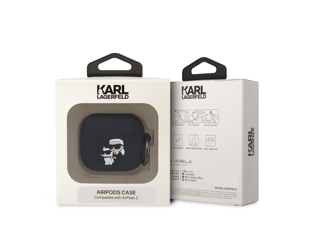 Karl Lagerfeld AirPods 3 Hülle in schwarzer Verpackung mit weißer Aufschrift und Hänger.
