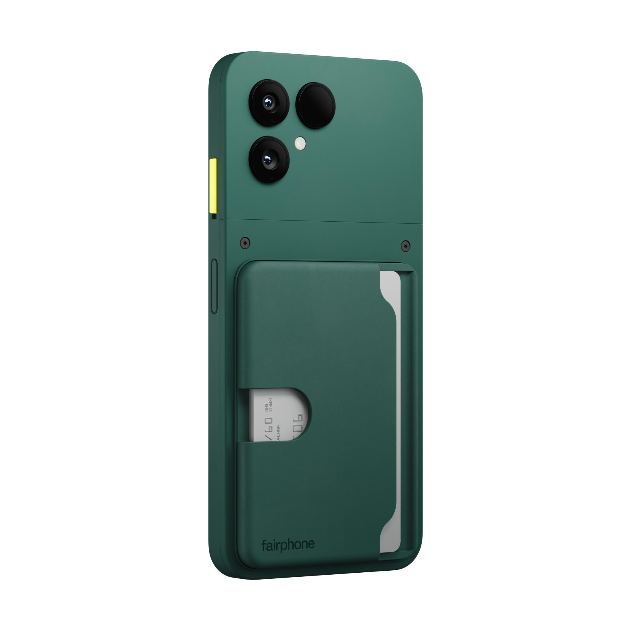 Grünes Smartphone mit drei Rückkameras und einer integrierten Kartenhülle auf der Rückseite.