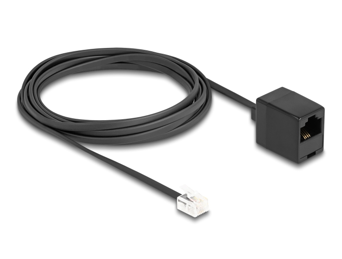 Zwinięty czarny kabel telefoniczny z czarną puszką adaptera na jednym końcu i przezroczystą wtyczką RJ11 na drugim.