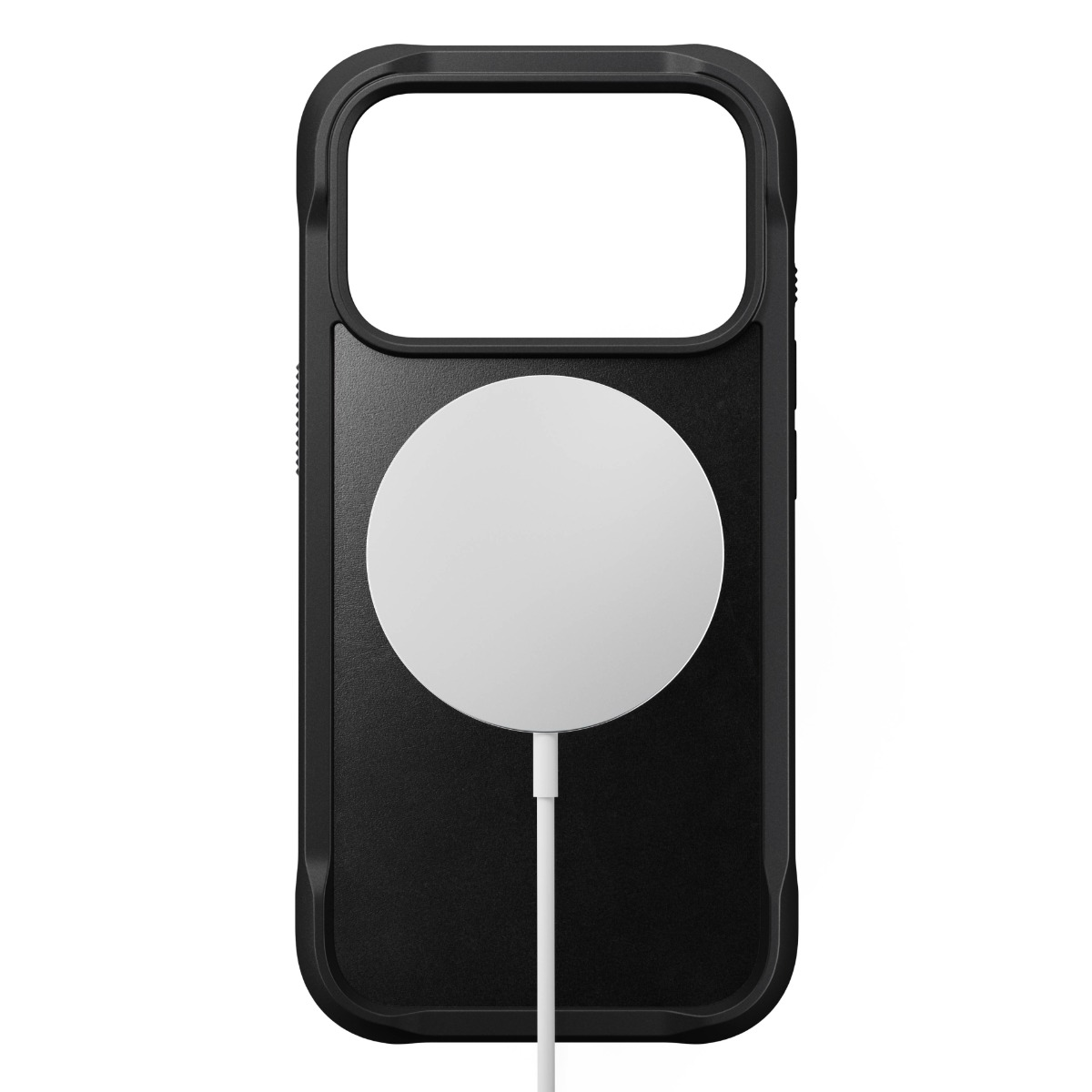 Una custodia per telefono nera con un caricabatterie wireless circolare bianco e cavo collegato.