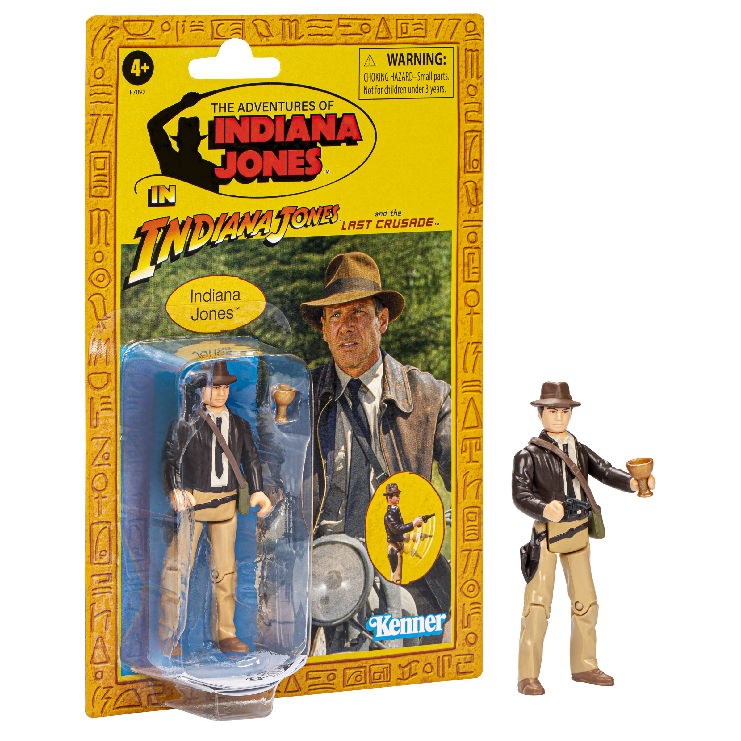 Figura de acción de Indiana Jones en empaque amarillo de Kenner.