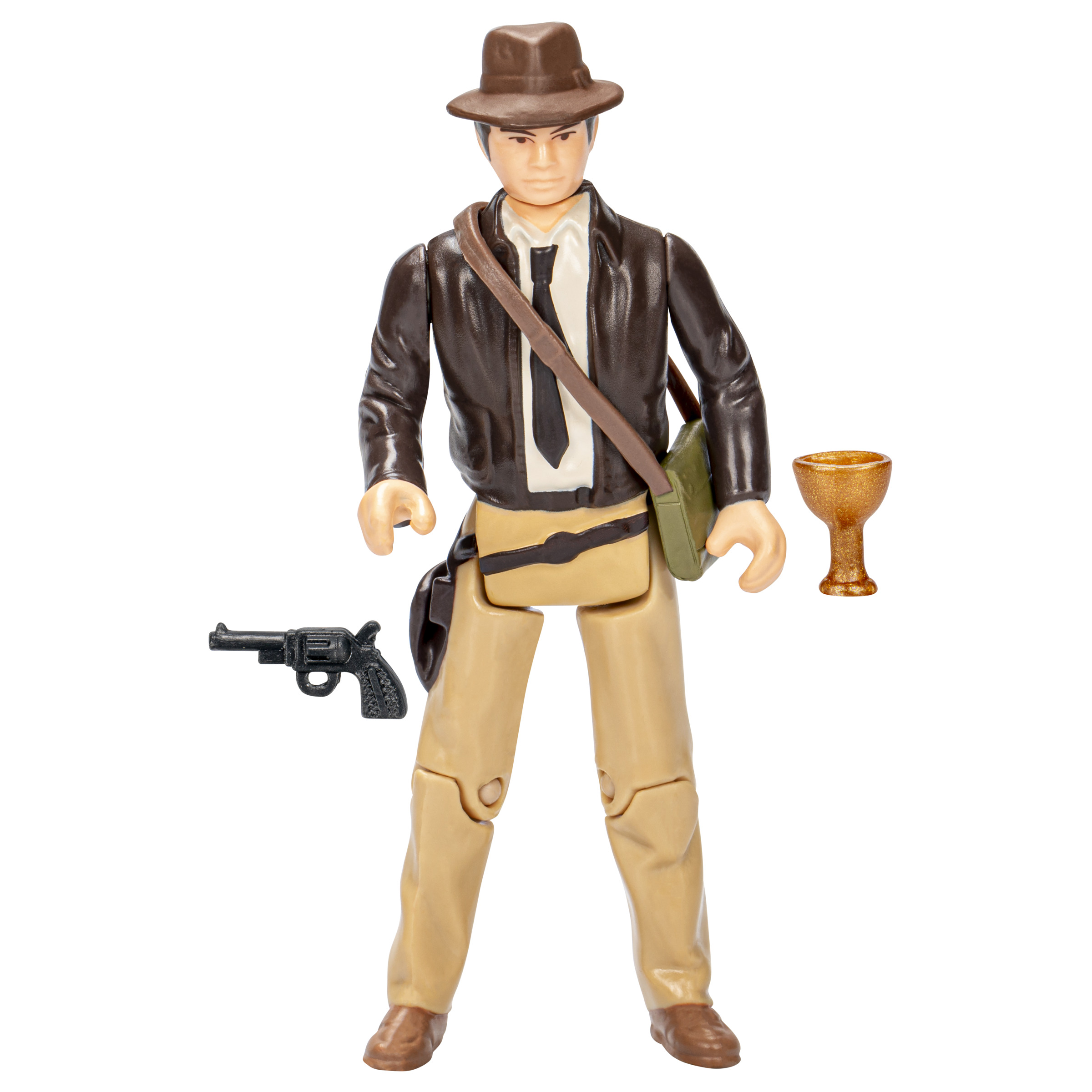 Figura de acción de Indiana Jones con sombrero, chaqueta, bolso, pistola y cáliz.