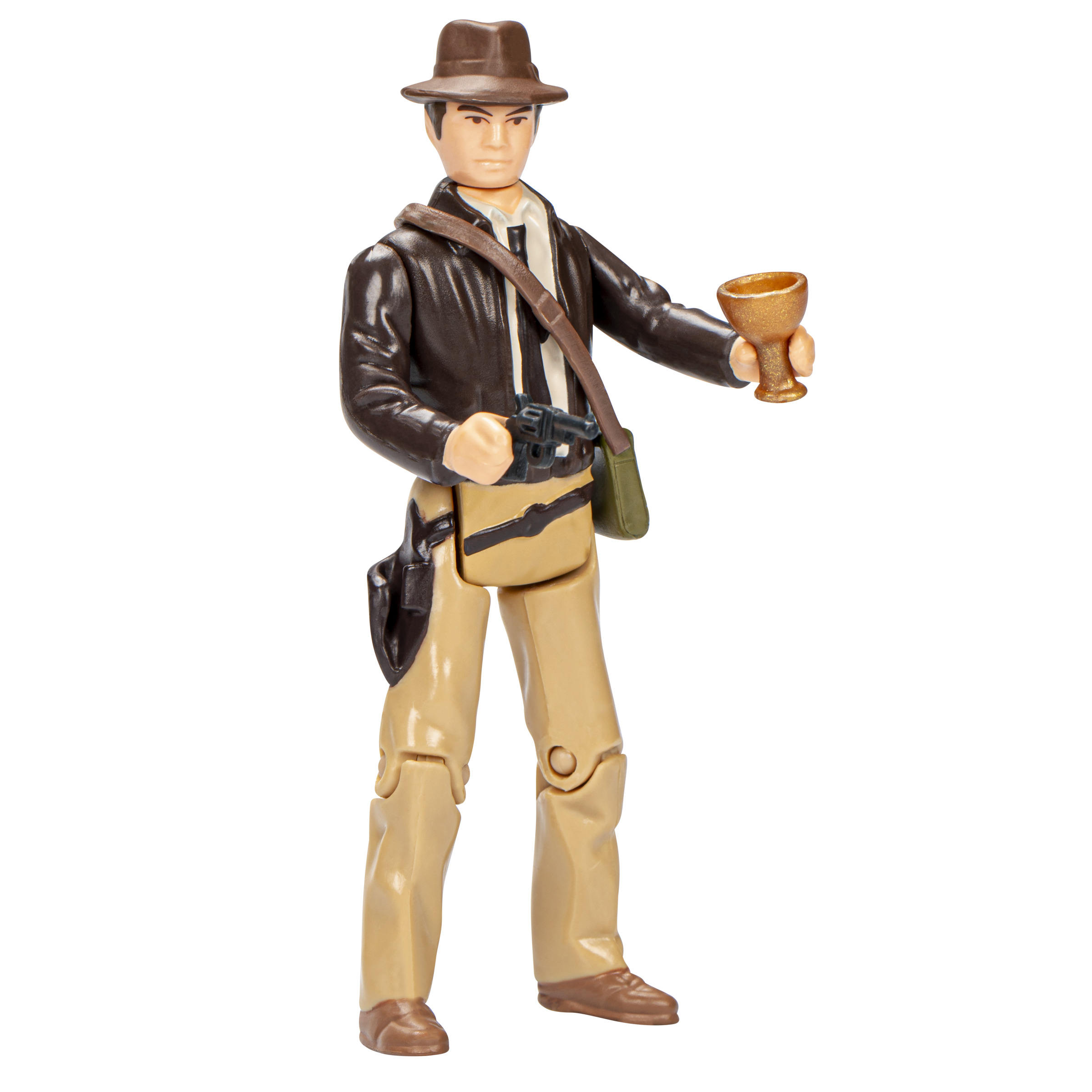 Una figura de acción de un aventurero con fedora, chaqueta marrón y caqui sosteniendo un cáliz dorado y un arma.