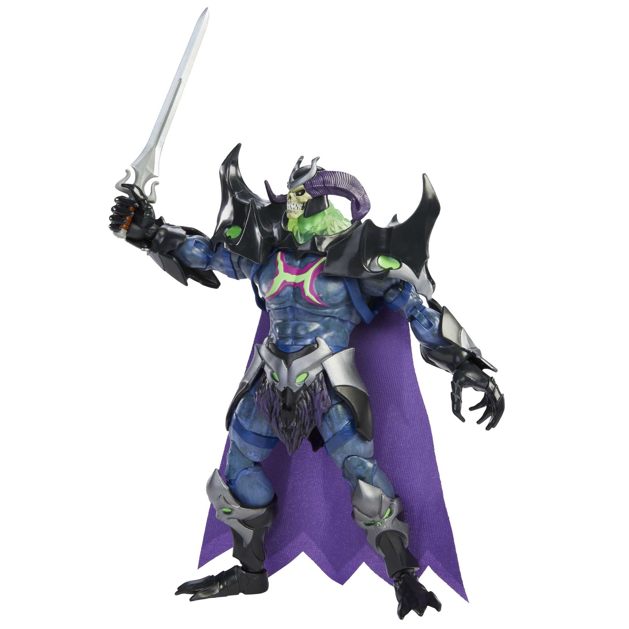 Figura de acción de un villano azul y negro con cuernos, capa morada y espada levantada.