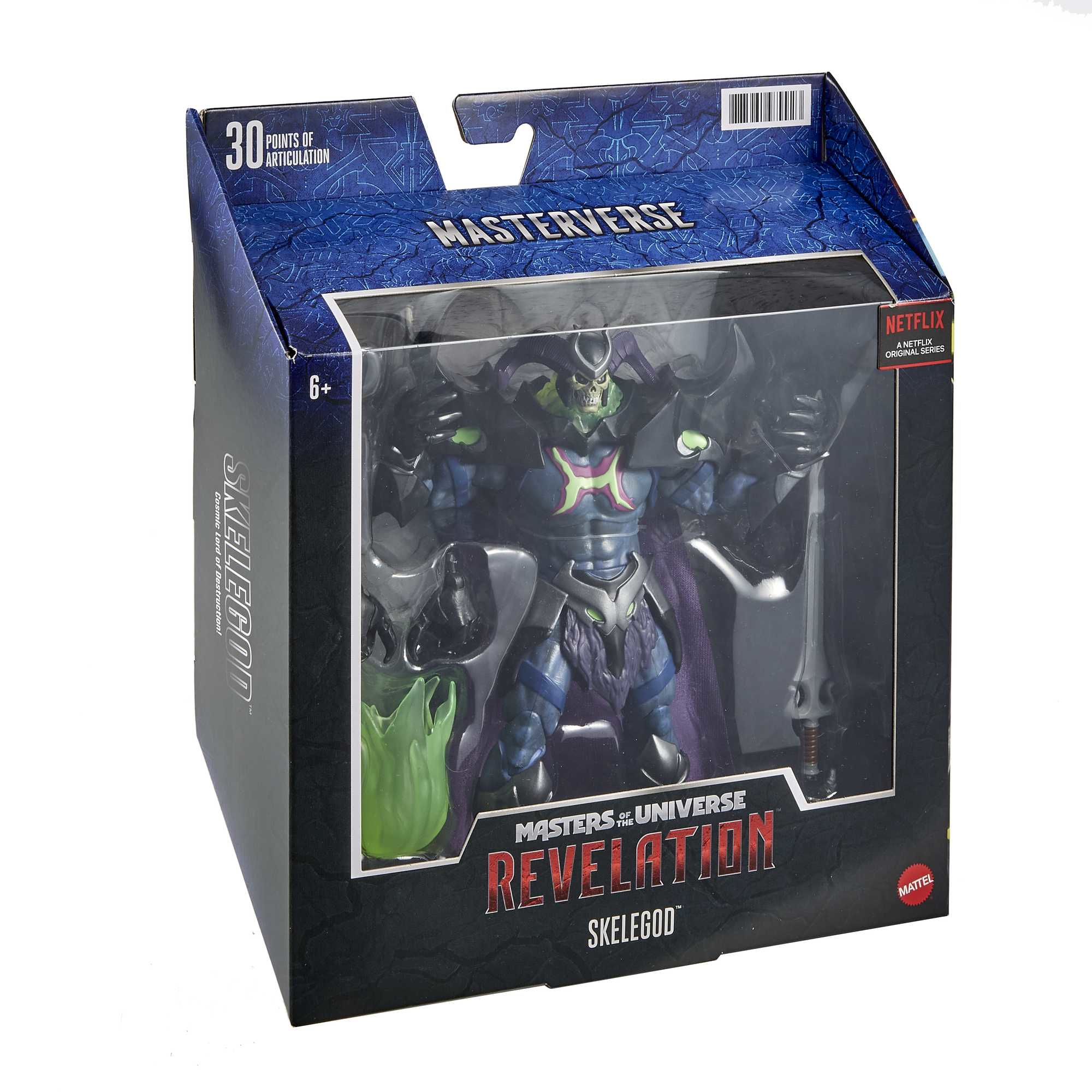 Figura de acción de Skelegod en caja Masterverse azul y morada con accesorios y logo de Netflix.