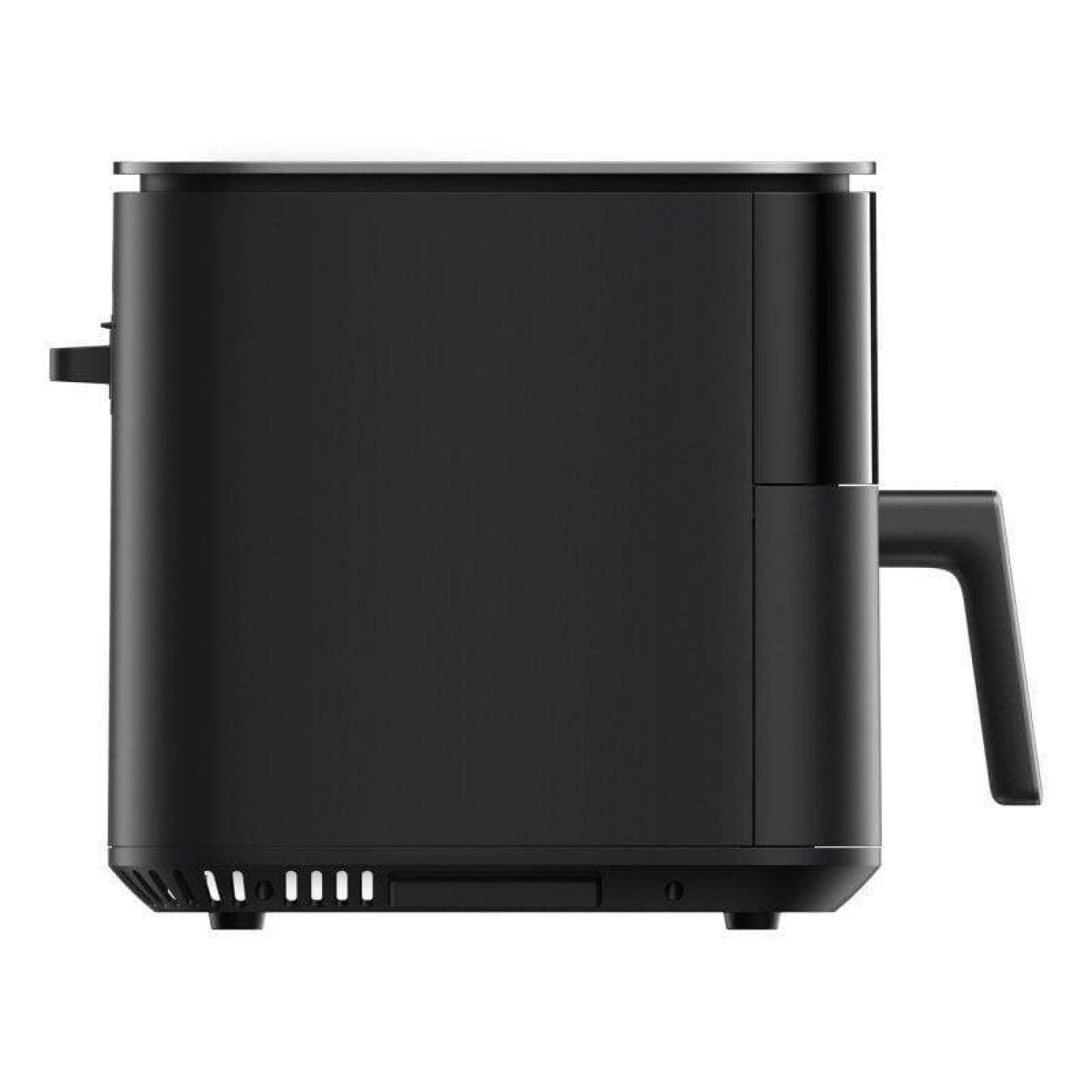 Modern black air fryer with a side handle and bottom ventilation slots on a plain white background.