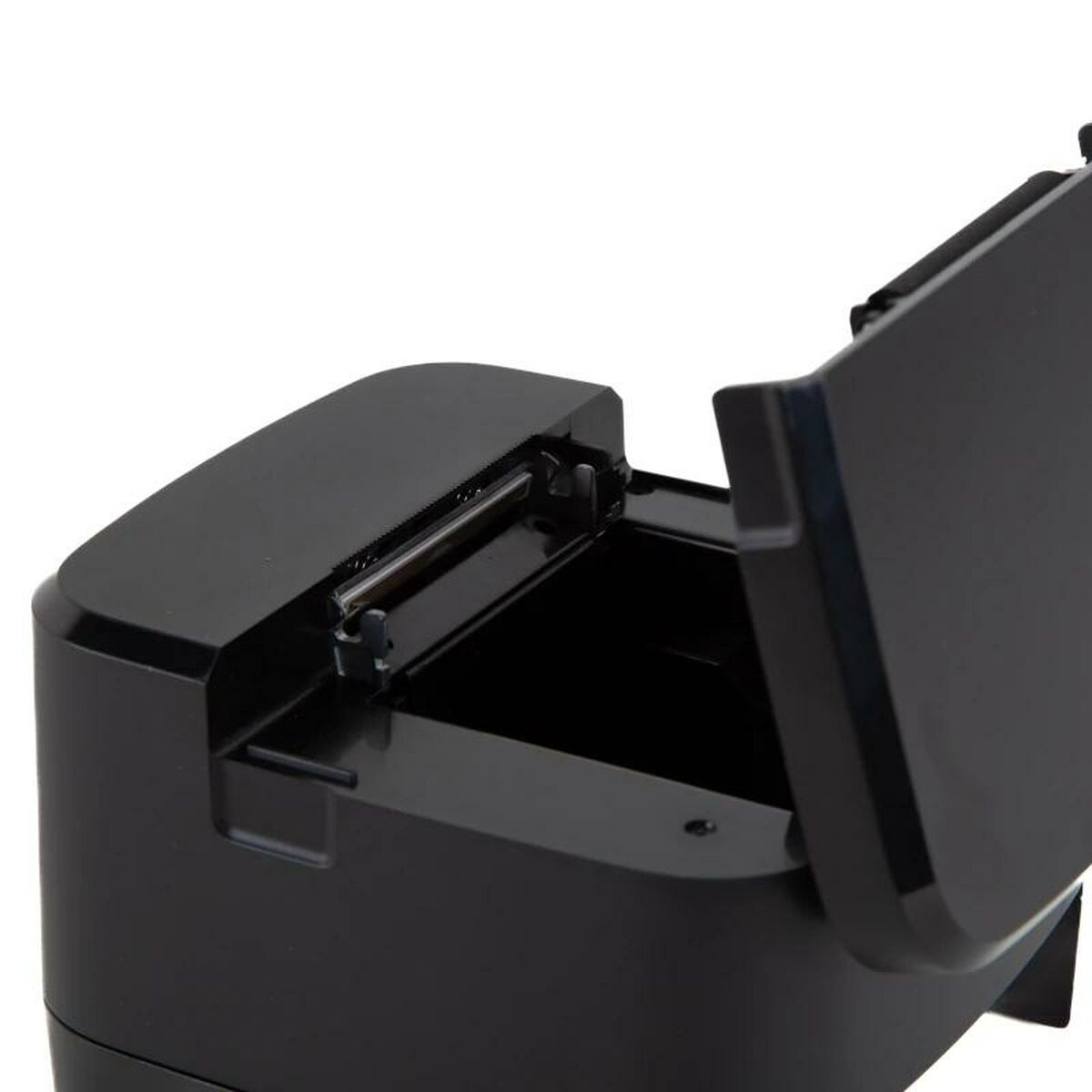 Un dispositivo electrónico negro con la cubierta abierta, revelando un mecanismo interno.