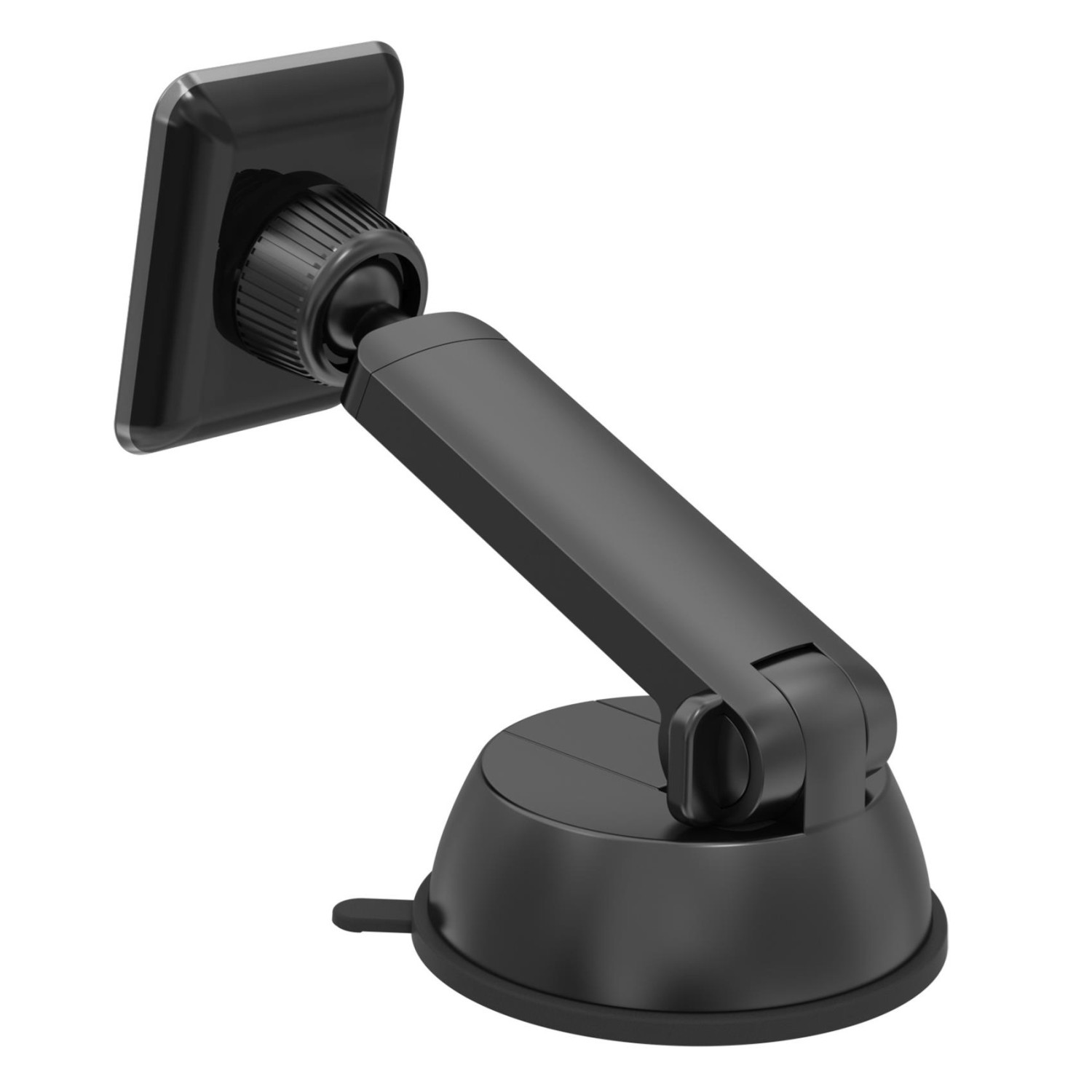 Schwarze Handyhalterung mit Saugnapfbasis, verstellbarem Arm und quadratischer Magnethalterung.