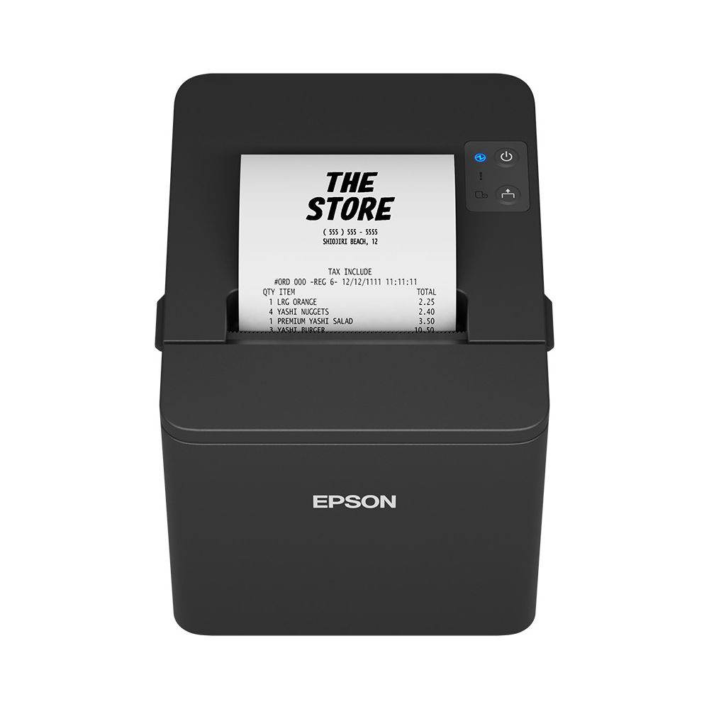 A black Epson receipt printer is printing a receipt with text reading The Store.