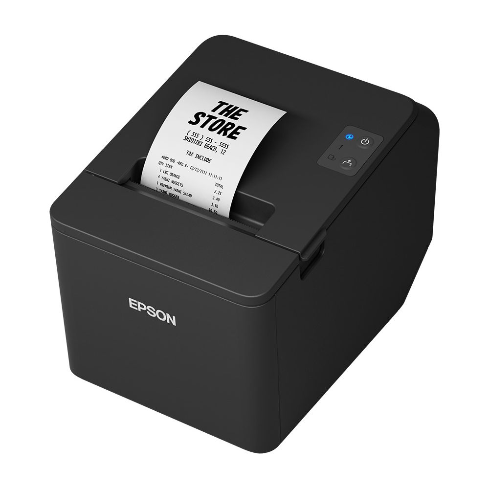 A black Epson receipt printer with a printed receipt sticking out of the top slot on a white background.