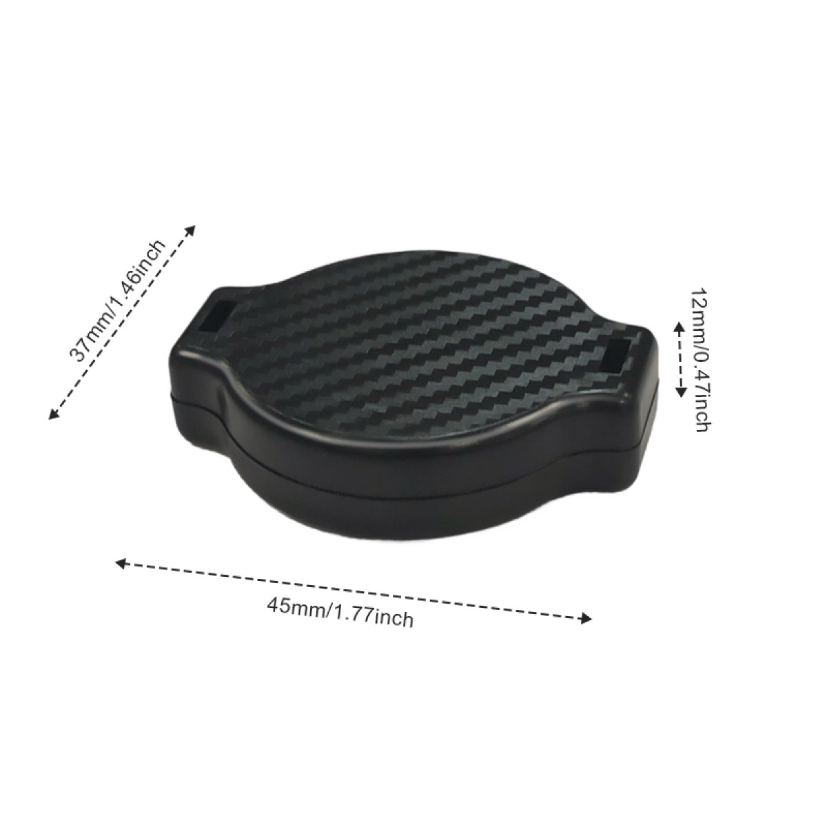 Black case with carbon pattern and dimension labels in mm and inches on white background.