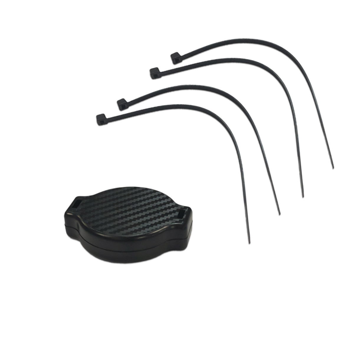 A black carbon pattern case with four curved cable ties on a white background.