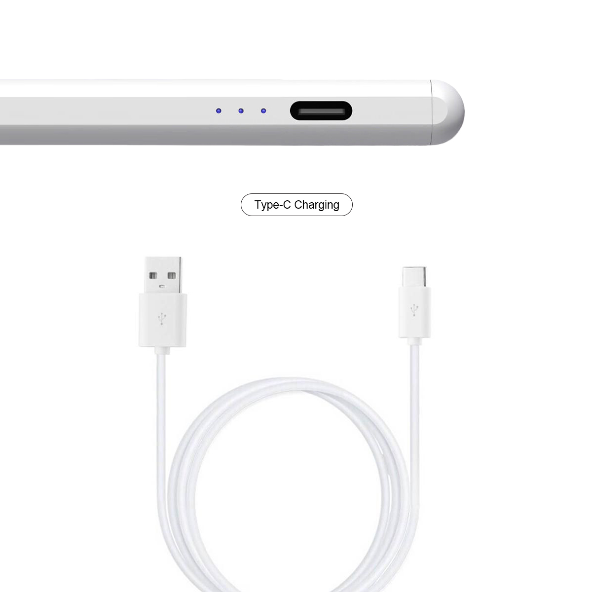 Biały rysik z portem USB-C i biały kabel do ładowania z USB-A i USB-C.