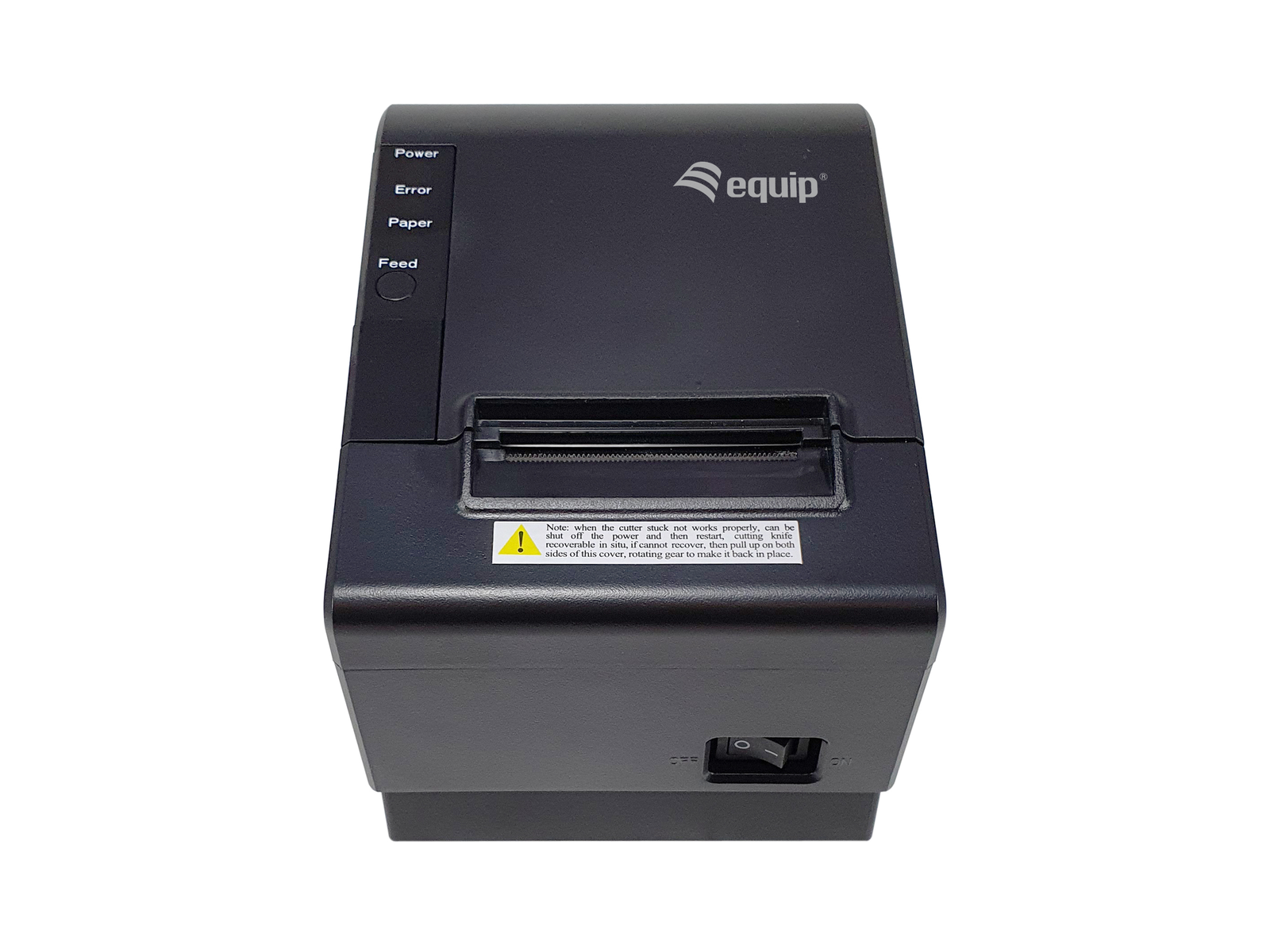 Impresora térmica negra Equip con luces de estado y un interruptor de encendido.