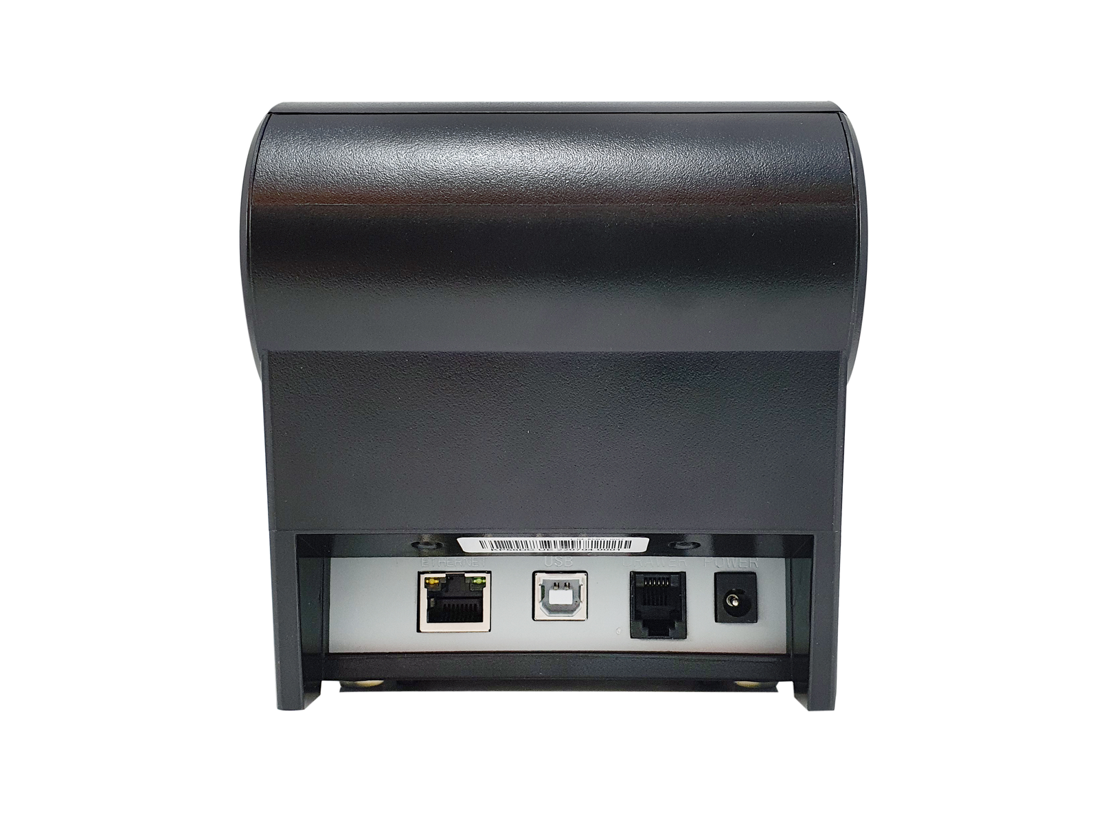 Vista trasera de una impresora de recibos negra con puertos Ethernet, USB, cajón y alimentación.