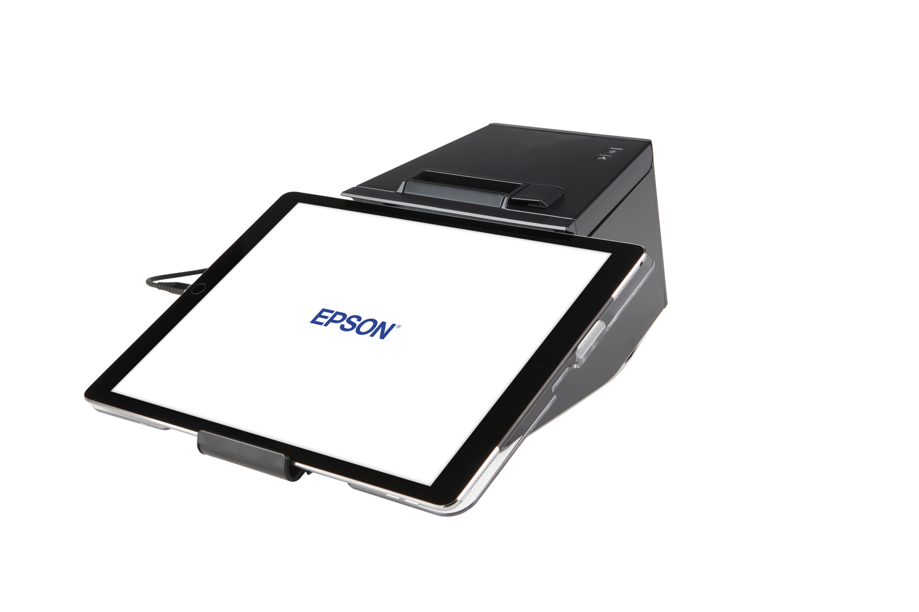 Una impresora de recibos Epson negra conectada a una tableta que muestra el logotipo de Epson en un fondo blanco.