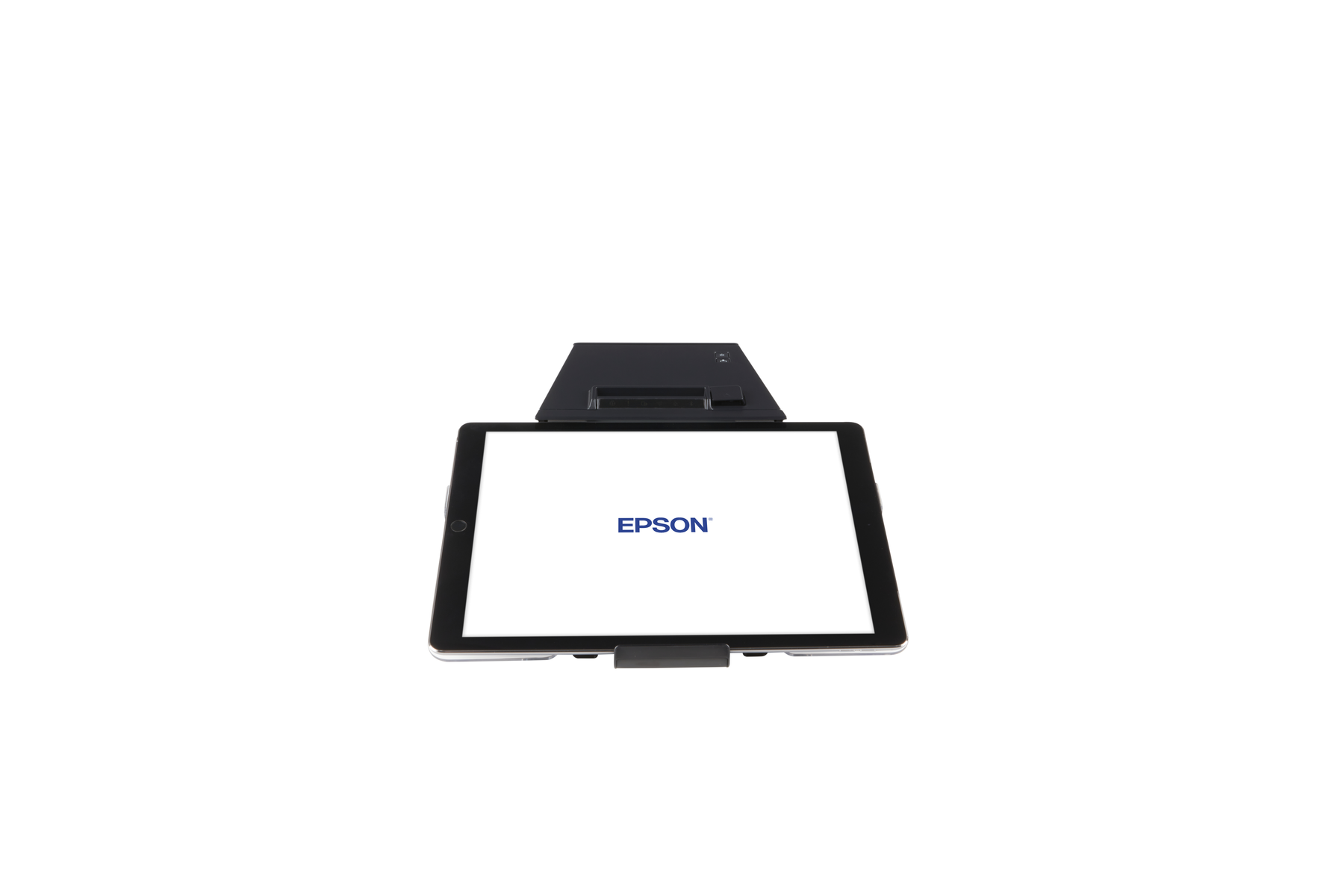 Una tableta con el logotipo de Epson en su pantalla blanca, en un soporte contra un fondo blanco.