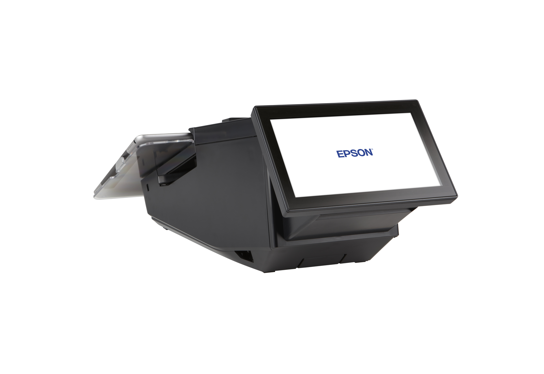 Un terminal POS Epson negro con pantalla táctil y soporte para tablet sobre fondo blanco.