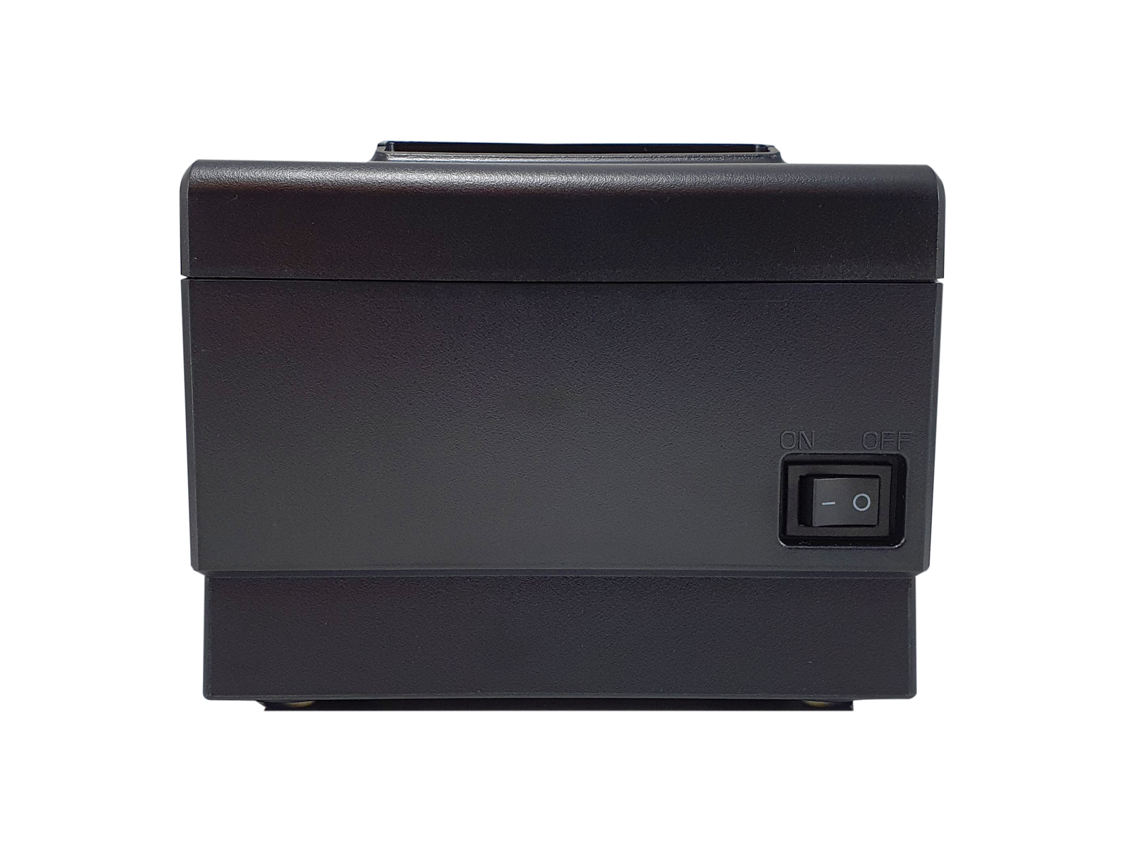 A black receipt printer with an on-off switch on the right side against a white background.