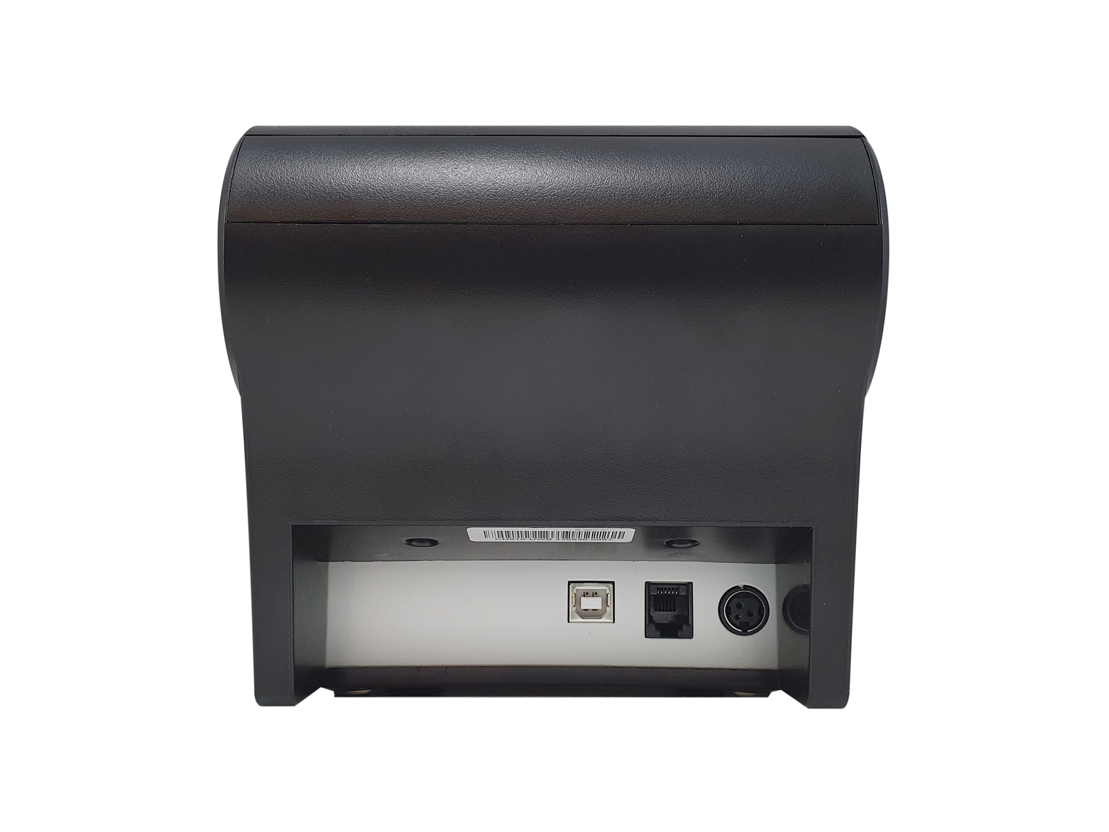 Rear view of a black electronic device with USB, Ethernet, and power ports.