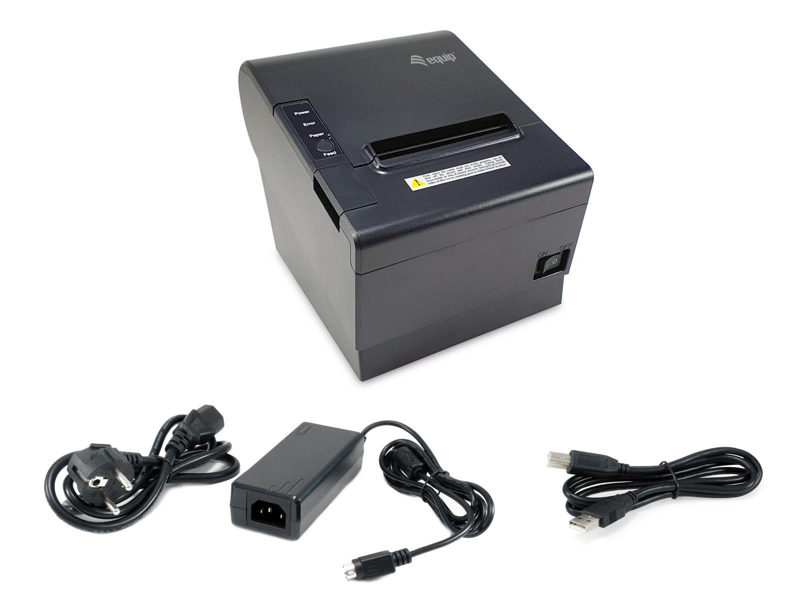 A black thermal printer with power adapter, power cord, and USB cable on a white background.