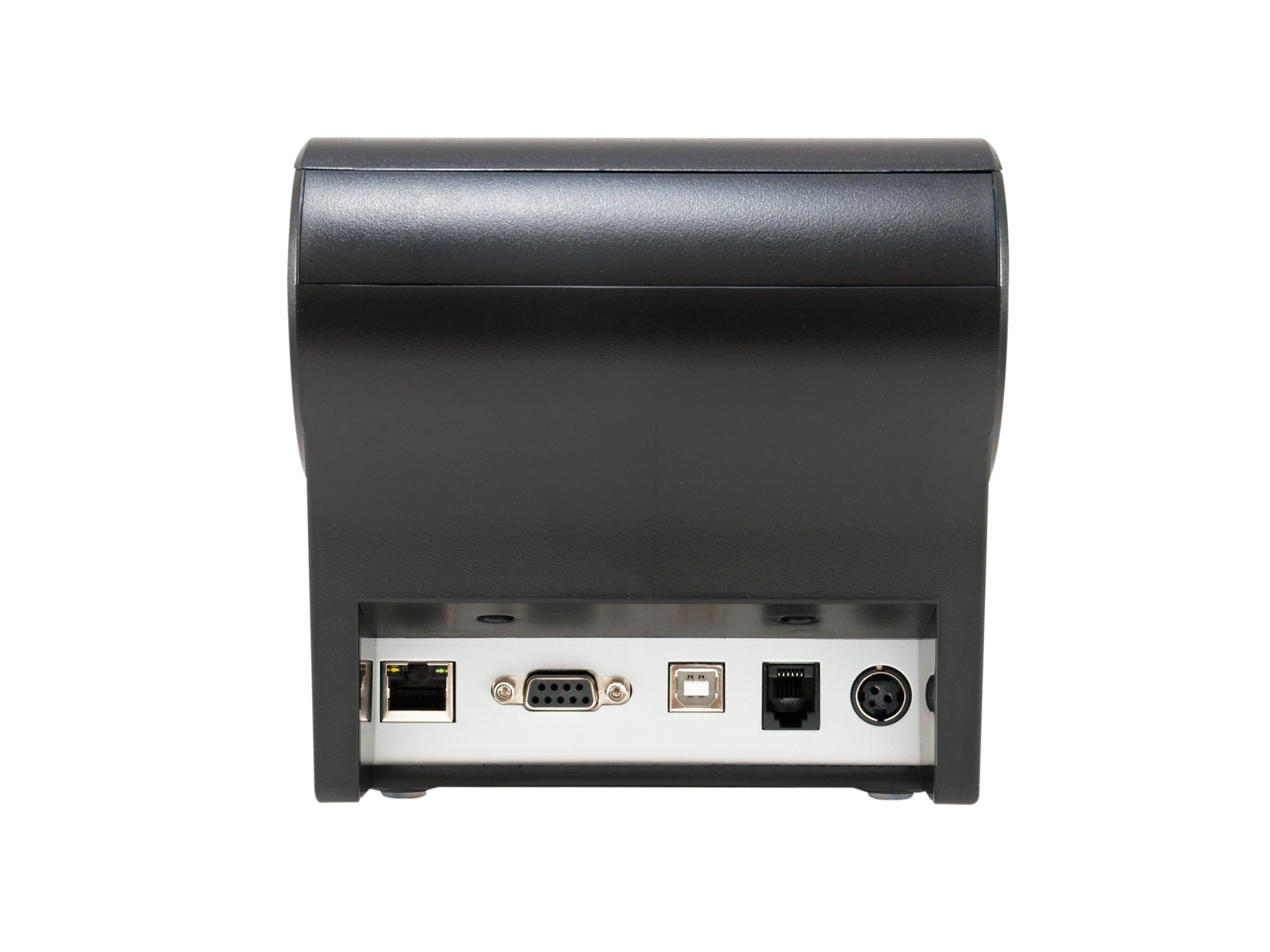 Vista trasera de un dispositivo electrónico negro con varios puertos de conexión sobre fondo blanco.