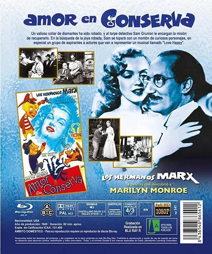 Portada de Blu-ray azul de Amor en Conserva con Marilyn Monroe y Groucho Marx.