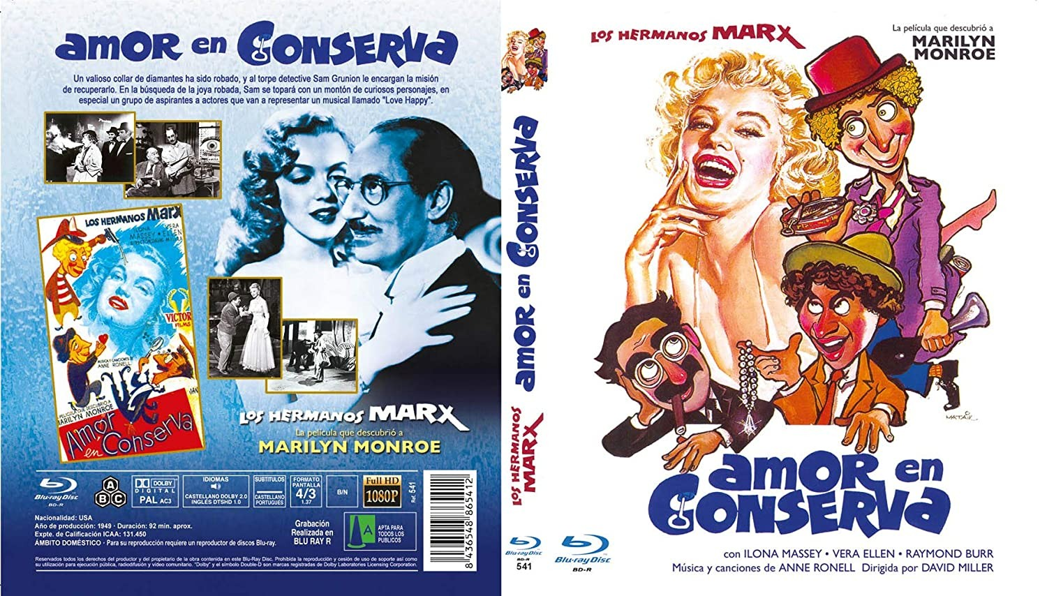 Carátula del DVD Amor en Conserva con Marilyn Monroe y los Hermanos Marx sobre fondo azul.