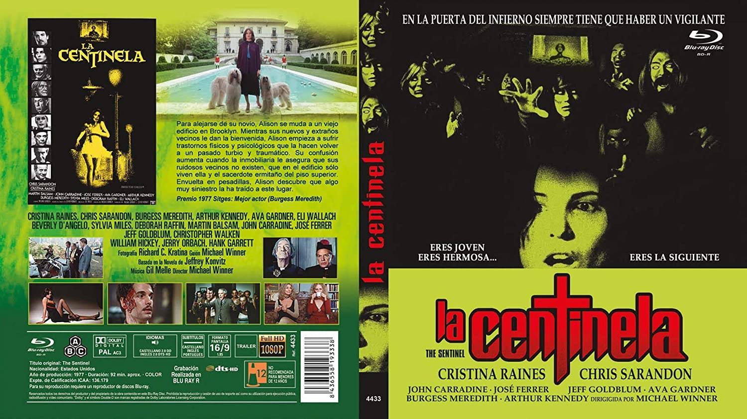 Carátula de Blu-ray de la película de terror La Centinela, con imágenes de personajes y tonos verdes oscuros.