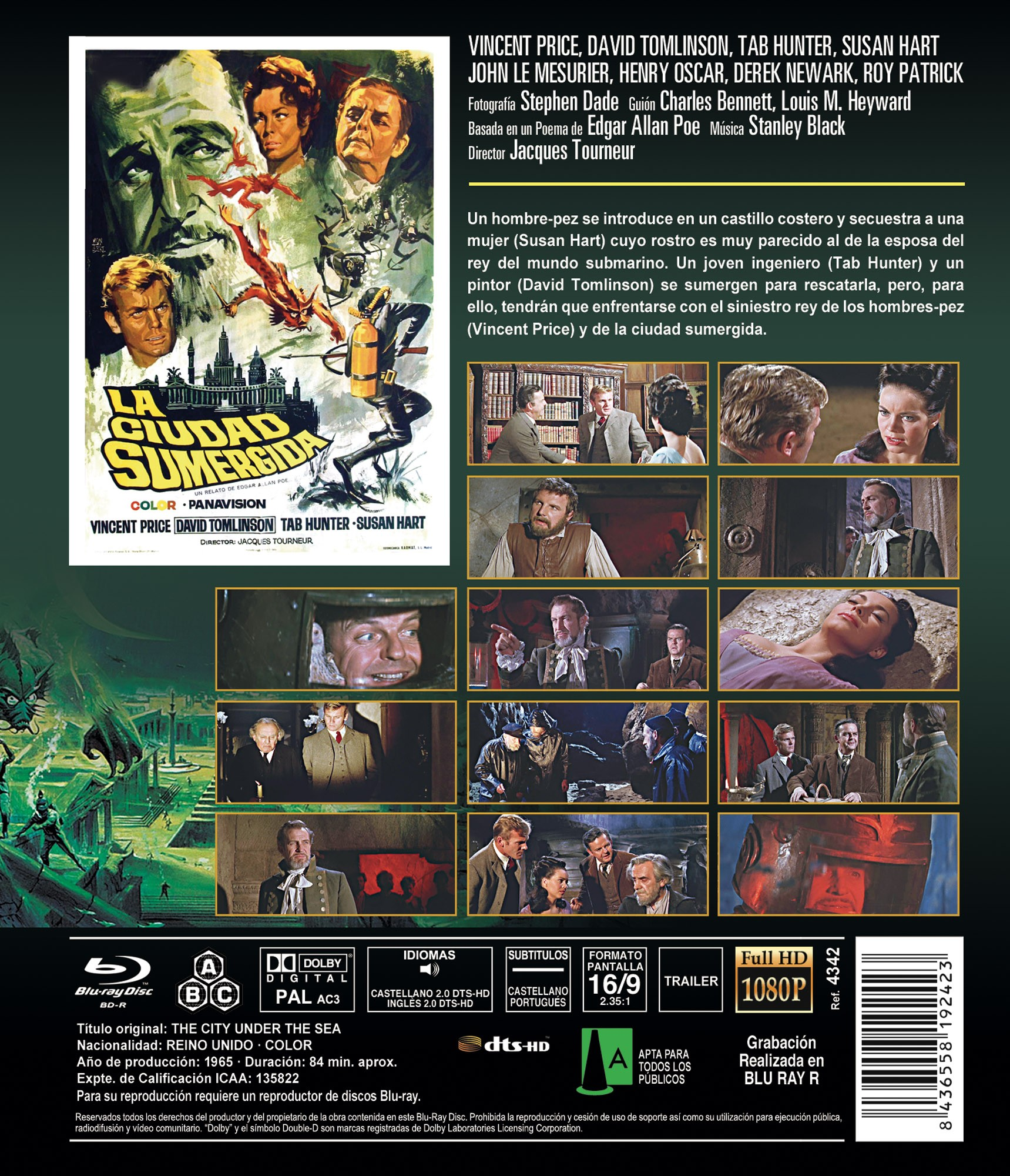 Caratula de Blu-ray de La Ciudad Sumergida con poster, escenas, reparto y detalles tecnicos en verde.