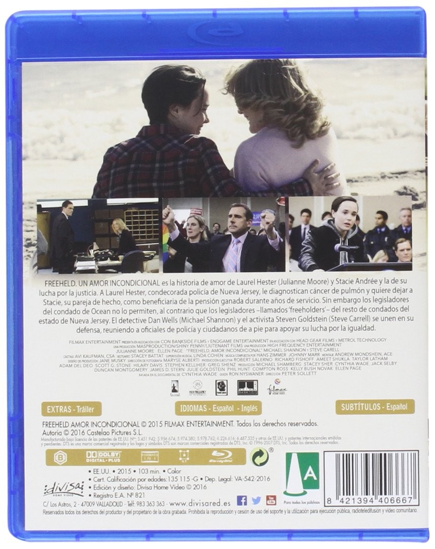 Contraportada del Blu-ray Freeheld con escenas, resumen en español y código de barras.