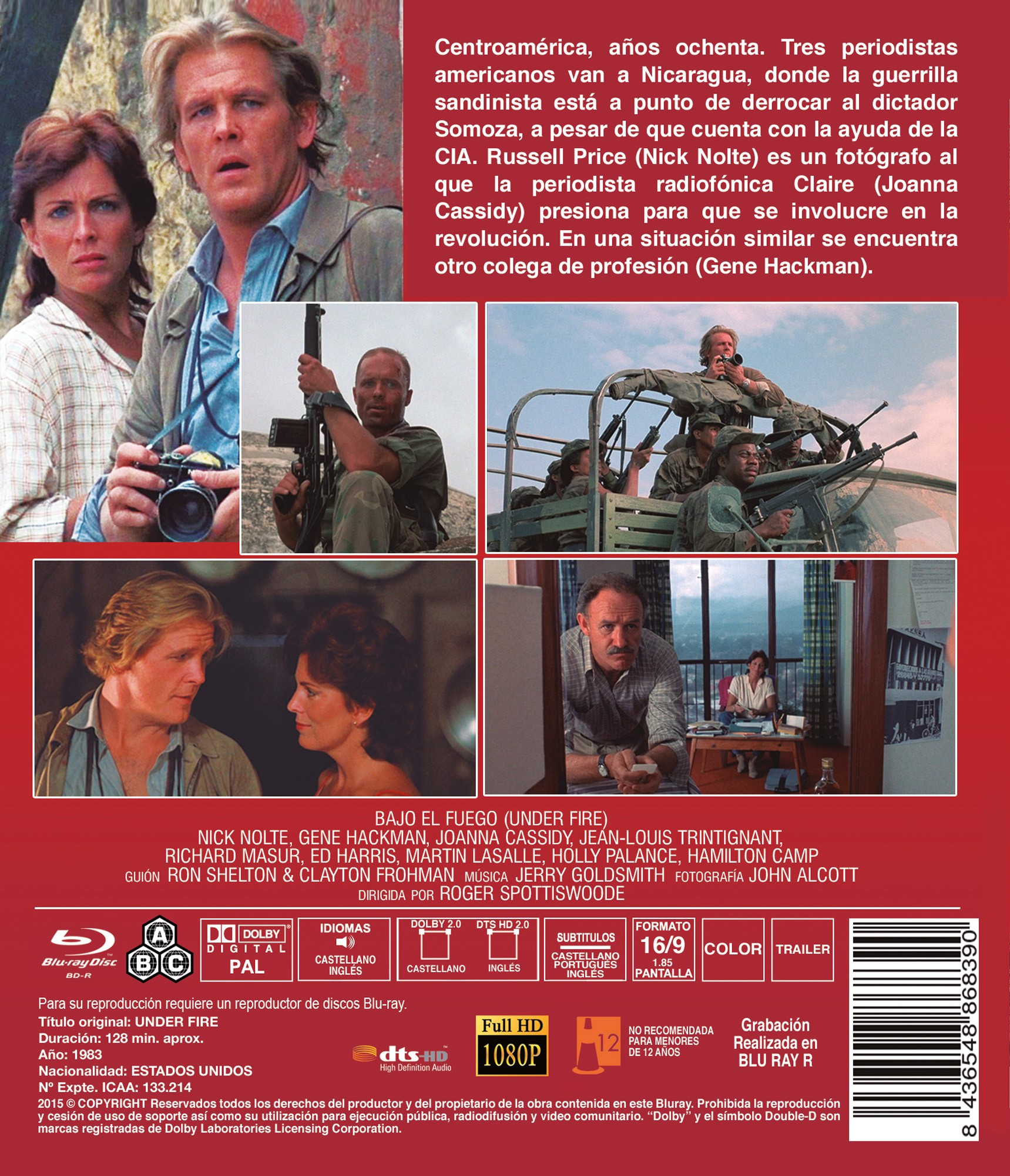 Carátula de la película "Bajo el fuego" con actores, fotogramas, fondo rojo y texto.