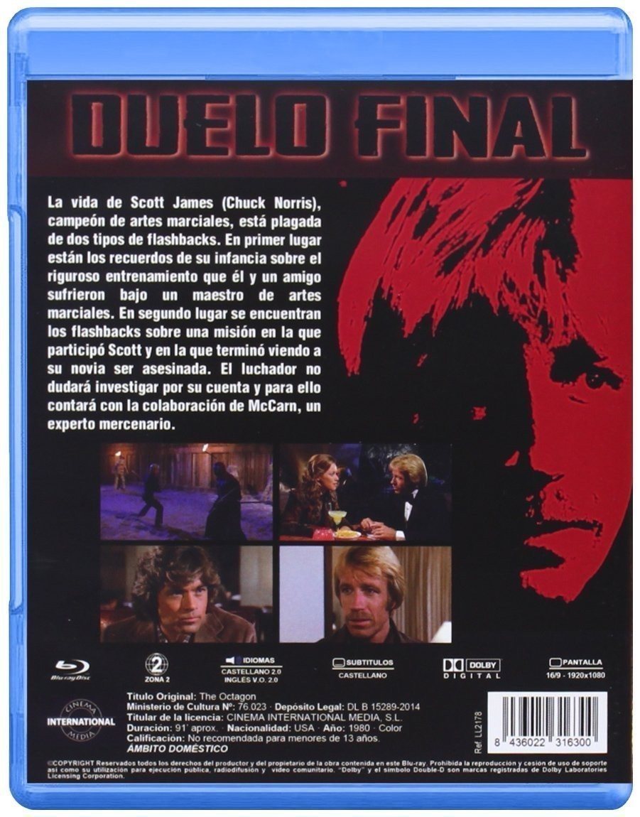 Contraportada del Blu-ray de la película Duelo Final protagonizada por Chuck Norris, con fotos y sinopsis.